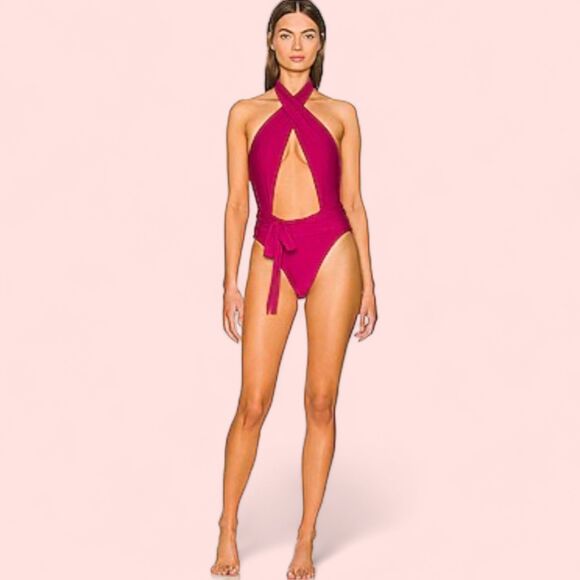 PQ Swim NWT Zen Alex One Piece Swimsuit Crossover Halter Backless Cut Out Tie M - Picture 1 of 7